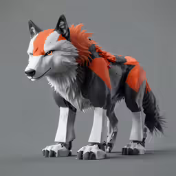 a statue of a wolf with orange and black hair