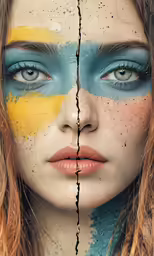 two women with paint on their faces have the same color scheme