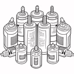 some cans with different ink colors,a stack of ink bottles next to the bottle with their labels