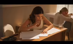 a woman sits at a desk and looks through documents