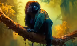 a woman in headphones on a tree branch