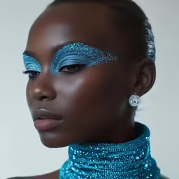 a woman with blue eye makeup wearing an ornate necklace