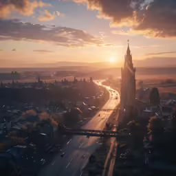 sunset over a town with traffic on a highway and cars passing in front