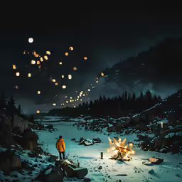 a man looking at some fireflies over a snowy field