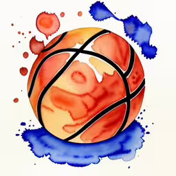 an illustration of a watercolor drawing of a basketball,an illustration of a basketball ball with an abstract painting on it