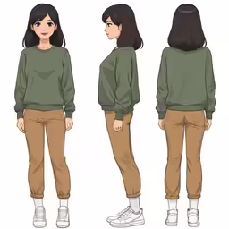 a girl in a green sweater and brown pants
