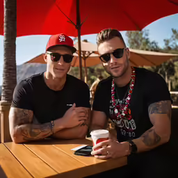 two males with sun glasses and tattoos pose for a picture