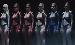 six females in futuristic fashion standing side by side