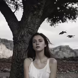 a woman in a white dress and tree