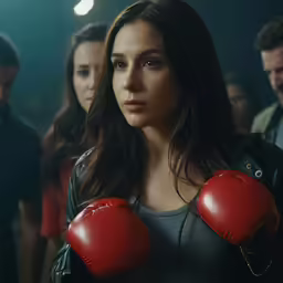 young woman wearing red boxing gloves with other people in background