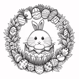 a hand drawn rabbit sitting in an egg,black and white drawing of an easter bunny,an ink drawing of a bunny sitting inside a wreath with an egg on it,an easter bunny with some decorations around it,a drawing of an easter bunny surrounded by wreaths and eggs