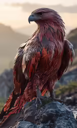 red hawk on rock in mountains with sun rays