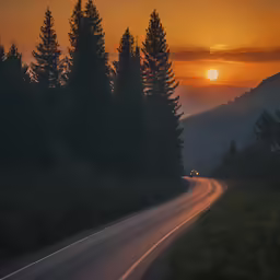 car driving on the road with sun peeking through trees