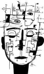 a drawing with a face and multiple parts around it