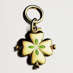 a flower is sitting in the shape of a key chain,the key chain has a clover - shaped flower on it