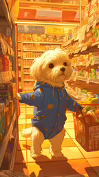 a little white dog in a blue pajamas standing in front of a store,a little dog standing on top of a tiled floor