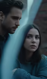 a man and woman with long hair staring at something