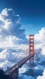 a painting of a red suspension bridge on a cloudy day
