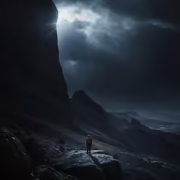 the lone figure is walking in the dark