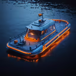 a small white boat is shown in the water