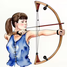 a watercolor drawing of a girl archery aiming an arrow,a drawing of a woman using an arrow to hit a target