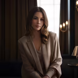 a woman in a suit poses by a table