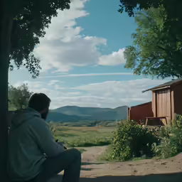 a man looking at some dirt and trees