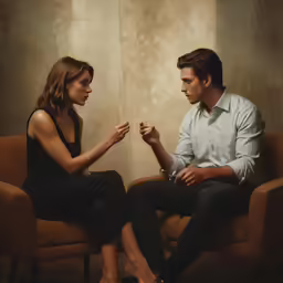 a man and woman sitting together on a couch