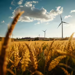 wind mills near a field of wheat in the foreground
