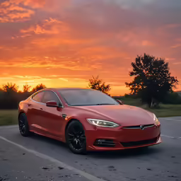 a red car is sitting on the road in the sunset
