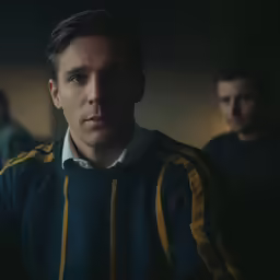 two men wearing blue and yellow sweaters one has a black shirt and the other has yellow stripes on his jacket