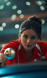 a woman in a red top is on a table