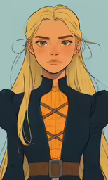 a girl with blonde hair wearing black and brown clothes