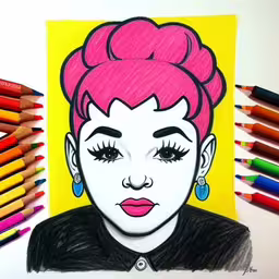 drawing, colored, colored pencils, art, pencil,some markers with some colored crayons next to them,the drawing shows a woman with bright pink hair,drawing the female celebrity face on colored paper,a drawing of a young woman
