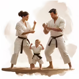 a man and a woman in karate clothing, a baby is kicking another man