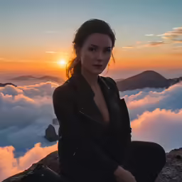 a woman is sitting in the clouds in a suit