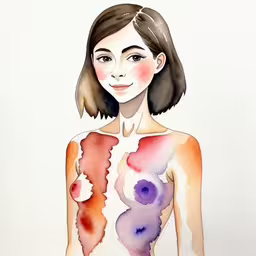 a girl with watercolor splatches painted on her body,an ink drawing of a woman with various breast shapes