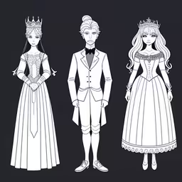 two children in fancy dresses and tiaras,illustration of a young man and woman in wedding dresses with long hair, standing next to each other
