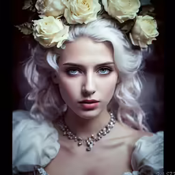 a woman with blonde hair and flowers in her hair