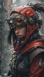 a female character with elaborate steampunks is posing for a photo