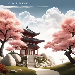 a poster of a red pagoda and trees