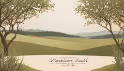 there are two trees and a hill in the background,a painting of some mountains in the distance