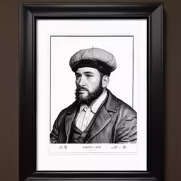 a black and white photo of a man wearing a hat