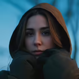 woman in winter outfit with hood looking directly at camera