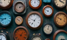 many different clocks sit against a black wall