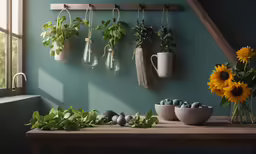 pots are displayed next to flowers and decorative items