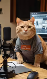 a cat wearing a t - shirt sits next to a microphone