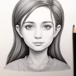 the girl with long hair is drawn in pencil on a sheet of paper