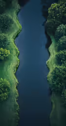 a long river surrounded by trees in the middle of a green field