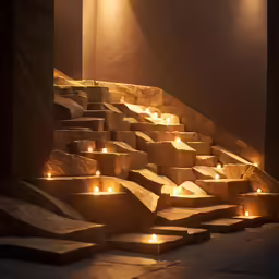 candles lit up next to some steps in a building